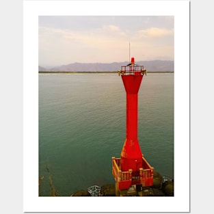 Old red lighthouse in right frame Posters and Art